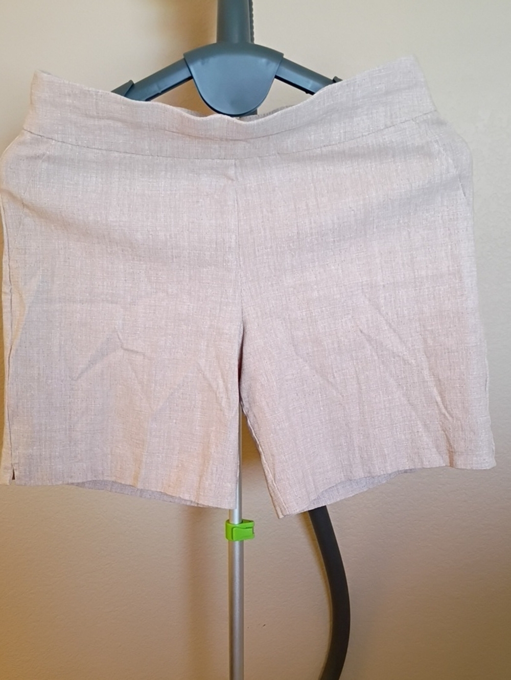 High-Waist Light Beige Plaid Textured Stretch Women's Shorts Size L